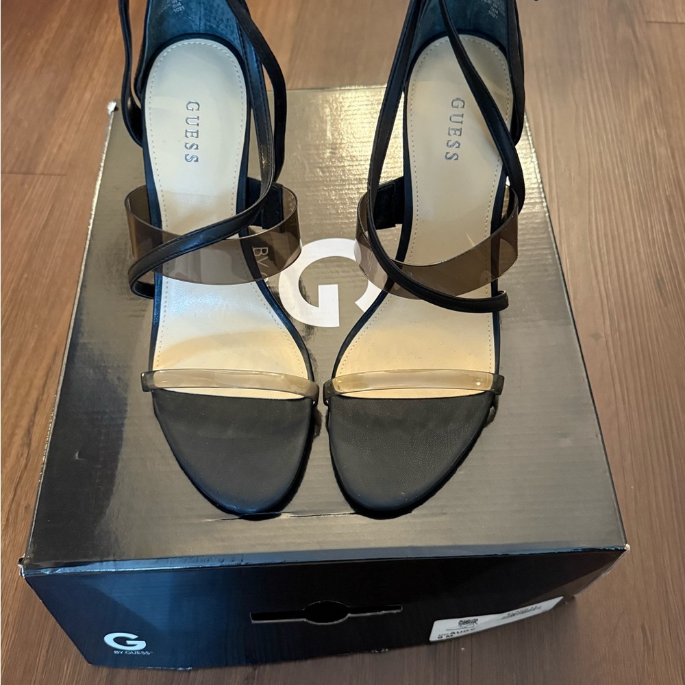 Guess Black and Gold Strappy Heels